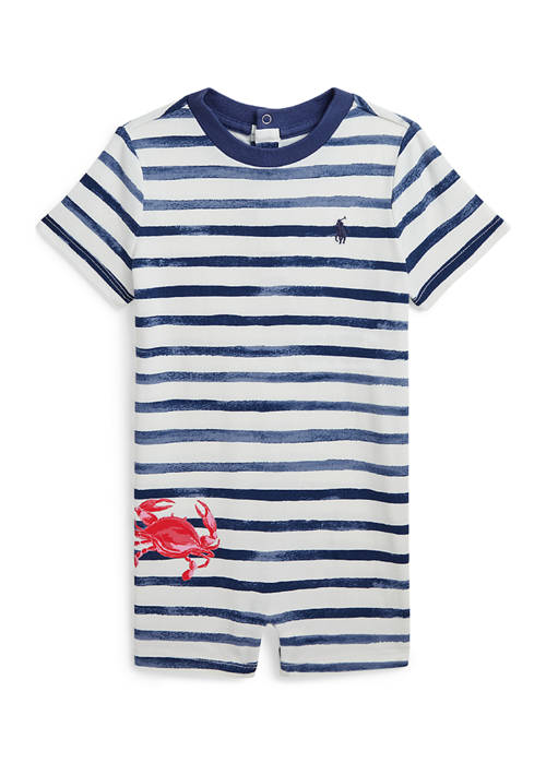 Baby Boys Striped Crab-Print Cotton Shortall