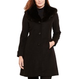 Womens Petite Faux-Fur-Trim Walker Coat