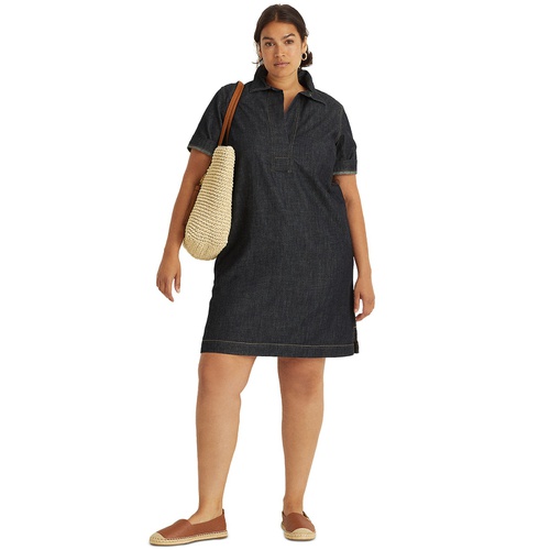 폴로 랄프로렌 Womens Plus Size Short-Sleeve Denim Cotton Shift Dress