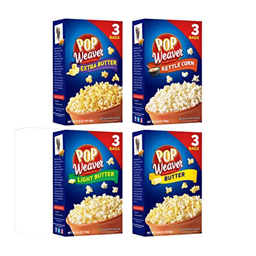  Pop Weaver Microwave Popcorn Variety Pack - 1 Box Each (3 Bags Each) of Light Butter, Butter, Extra Butter and Kettle Corn - 4 Boxes Total (12 Bags Total)