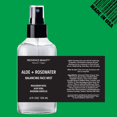  Provence Beauty Aloe Vera and Rosewater Facial Mist - Balancing, Refreshing and Soothing Facial Mist - Infused with Bulgarian Rose and Hibiscus - 4 Fl Oz