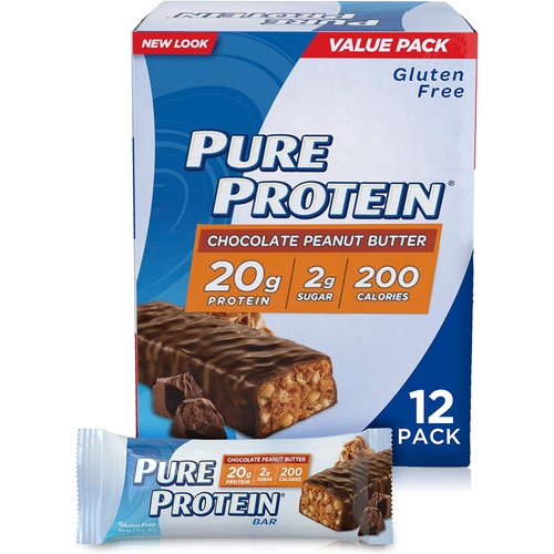  Pure Protein Bars, High Protein, Nutritious Snacks to Support Energy, Low Sugar, Gluten Free, Chocolate Peanut Butter, 1.76oz, 12 Pack