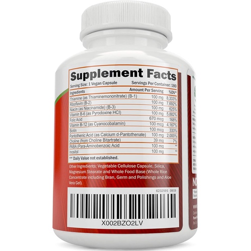  Purely Holistic Vitamin B Complex - 8 Super B Complex Vitamins with Choline & Inositol, Vitamins B1, B2, B3, B5, B6, B8, B9 & B12 - B100 Complex - 180 Vegan Capsules - 6 Month Supply - Made in The