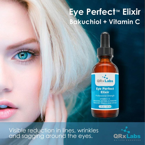  QRxLabs Eye Perfect Elixir - With Bakuchiol (Retinol Alternative), Pure Argan and Rosehip Oils, Squalane, Vitamin C & E - Best Anti-Aging Treatment Serum for Bags, Puffiness, Wrinkles, Cro
