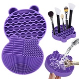 QXUJI Makeup Brush Cleaning Kit, 2 in 1 Silicone Brush Cleaner Mat, Portable Makeup Brush Scrubber Pad with Drying Rack Holder(Bear Shaped, Purple)