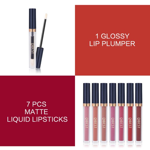  QiBest 7Pcs Matte Liquid Lipstick + 1Pcs Lip Plumper Makeup Set Kit, Long Lasting Waterproof Velvet Lip Gloss Set, Pigmented Lip Makeup Gift Sets for Girls and Women