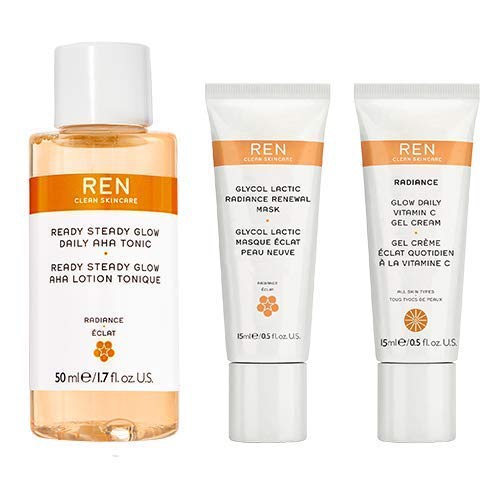  REN Clean Skincare Glow on the Go Travel 3-Piece Kit ($40 Value) Includes Travel-Size Ready Steady Glow Tonic, Glow Daily Vitamin C Gel Cream & Glycol Lactic Radiance Renewal Mask