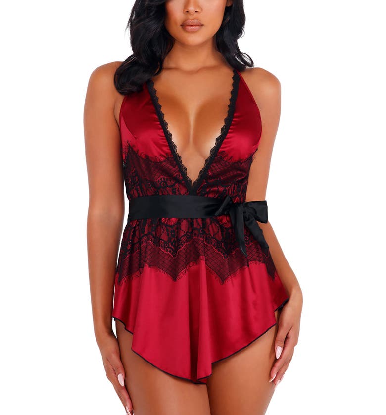  Roma Confidential Satin & Lace Babydoll Romper_RED/ BLACK