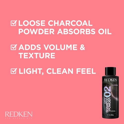  Redken Dry Shampoo Powder 02 | For Oily Hair | Absorbs Oil & Adds Lightweight Volume | With Charcoal | 2.1 Oz
