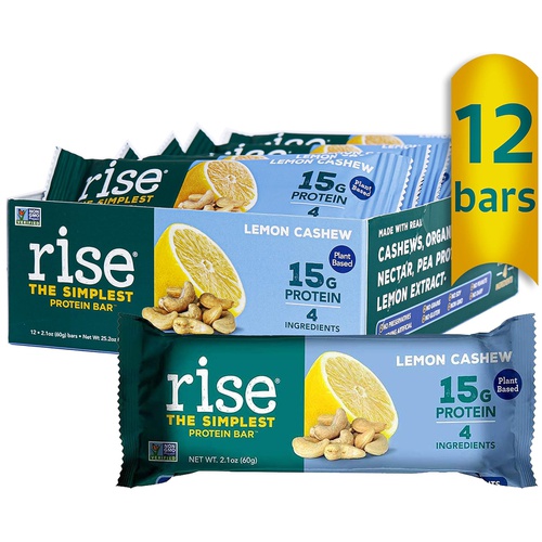  Rise Pea Protein Bar, Lemon Cashew, Soy Free, Paleo Breakfast & Snack Bar, 15g Protein, 4 Natural Whole Food Ingredients, Simplest Non-GMO, Vegan, Gluten Free, Plant Based Protein,