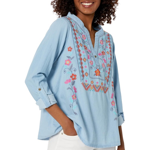 로퍼 Roper Split V-Neck Cotton Denim Shirt wu002F Floral Crewel Embroidery
