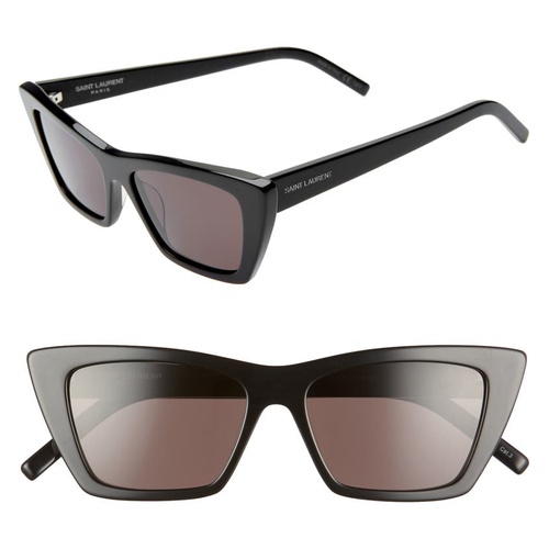 이브 생로랑 Saint Laurent 53mm Cat Eye Sunglasses_SHINY BLACK/ GREY SOLID