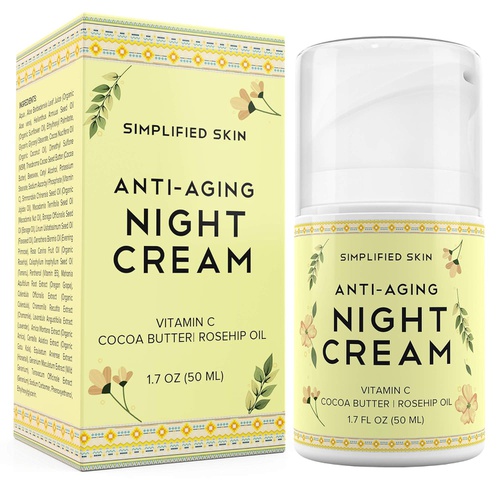  Simplified Skin Anti-Aging Night Cream for Face - Collagen Boost, Fine Lines + Wrinkle. Facial Vitamin C Moisturizer with Cocoa Butter + Organic Rosehip Oil. Best Natural Cream for Women + Men by