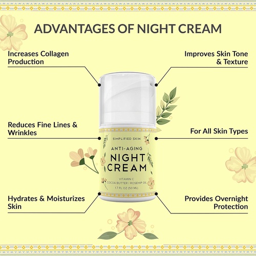  Simplified Skin Anti-Aging Night Cream for Face - Collagen Boost, Fine Lines + Wrinkle. Facial Vitamin C Moisturizer with Cocoa Butter + Organic Rosehip Oil. Best Natural Cream for Women + Men by