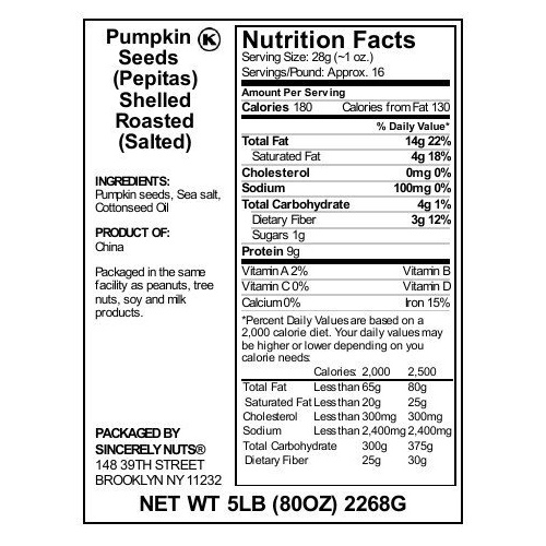  Sincerely Nuts Shelled Pepitas Pumpkin Seeds Salted (5 lb bag ) | Delicious Nutrient Dense Low Carb Snack | High in Magnesium & Manganese Minerals |Gluten Free | Kosher |Great for