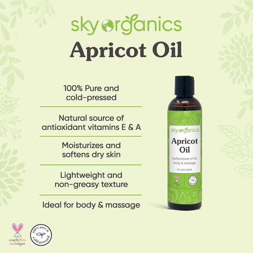  Apricot Oil by Sky Organics (8 fl oz) 100% Pure Natural and Cold-Pressed Apricot Kernel Skin Oil Apricot Massage Oil Body Oil Apricot Body Moisturizer Apricot Carrier Oil for Essen