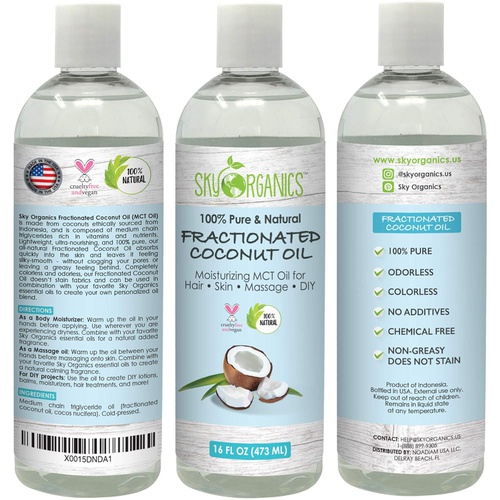  Fractionated Coconut Oil by Sky Organics (16 oz) Natural Fractionated Coconut Oil MCT Oil Moisturizing Coconut Carrier Oil Body Oil Coconut Makeup Remover Coconut Oil for Hair Skin