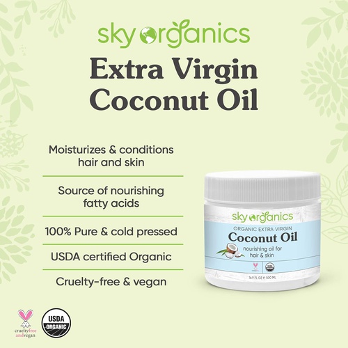  Organic Extra Virgin Coconut Oil by Sky Organics (16.9 oz) USDA Organic Coconut Oil Cold-Pressed Kosher Cruelty-Free Unrefined Coconut Skin Moisturizer Hair Mask
