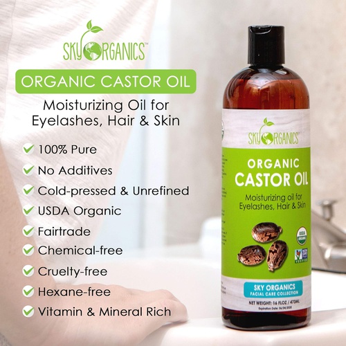  Sky Organics Castor Oil USDA Organic Cold-Pressed (16oz) 100% Pure Hexane-Free Castor Oil - Conditioning & Healing, For Dry Skin, Hair Growth - For Skin, Hair Care, Eyelashes - Caster Oil By Sk