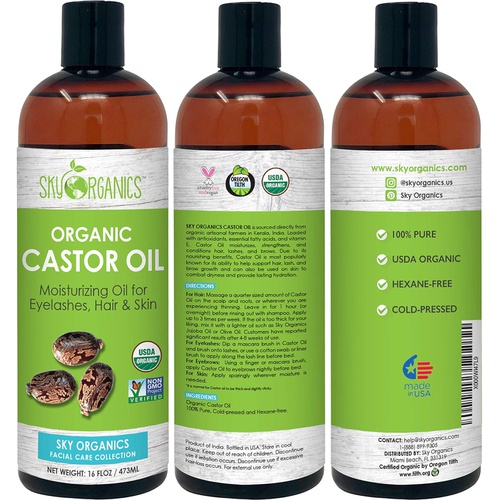  Sky Organics Castor Oil USDA Organic Cold-Pressed (16oz) 100% Pure Hexane-Free Castor Oil - Conditioning & Healing, For Dry Skin, Hair Growth - For Skin, Hair Care, Eyelashes - Caster Oil By Sk