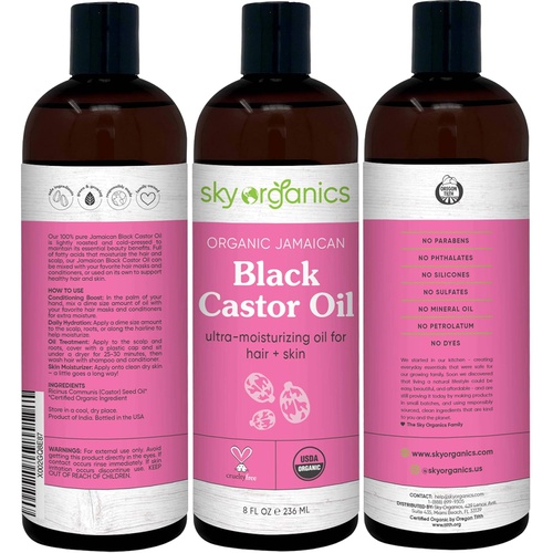  Organic Jamaican Black Castor Oil by Sky Organics (8 oz x 2 Pack) USDA Organic 100% Pure Roasted Castor Oil Moisturizing Oil for Hair and Skin Oil Treatment Castor Oil Hair Mask Na