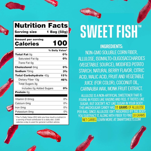 SmartSweets Sweet Fish, Candy with Low Sugar (3g), Low Calorie(100), Plant-Based, Free From Sugar Alcohols, No Artificial Colors or Sweeteners, 1.8oz. (Pack of 12)