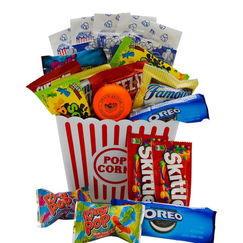 Ultimate Movie Night Gift Bundle Care Package, Easter Basket, Christmas with Popcorn, Candy, Cookies Plus Snack Better Stress Ball for Entire Family!
