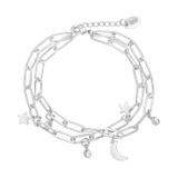 Sterling Forever CZ, Moon, & Star Double Chain Bracelet
