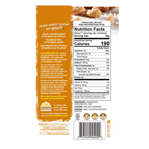  Sunshine Nut Company Sprinkling of Salt Cashews, Peanut Free, Gluten Free, GMO Free, 7 oz, Pack of 6