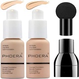 SuperThinker 2 Colors PHOERA Liquid Foundation,Matte Full Coverage Foundation Makeup with Mushroom Head Applicator, Oil Control Flawless Concealer Cover Facial Blemish Foundation Makeup for Wom