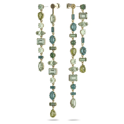 스와로브스키 Swarovski Gema drop earrings, Asymmetrical design, Mixed cuts, Extra long, Green, Gold-tone plated