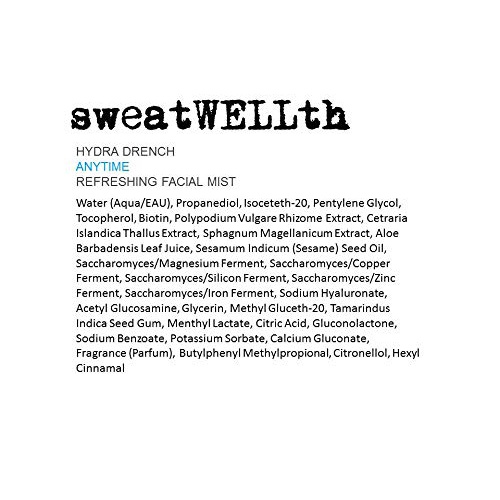  SweatWELLth Hydra Drench Soothing and Refreshing Anytime Facial Mist with Hyaluronic Acid and Antioxidents, 3.4 fl. oz