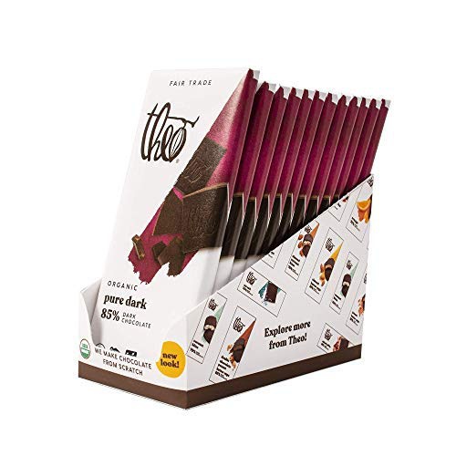  Theo Chocolate Pure Organic Dark Chocolate Bar, 85% Cacao, 12 Pack | Vegan Chocolate, Fair Trade