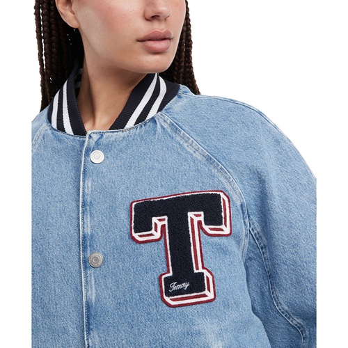 타미힐피거 Womens Denim Snap-Front Cotton Letterman Jacket