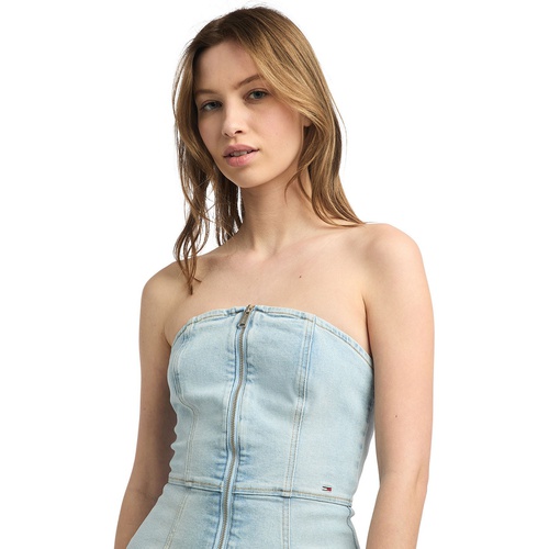 타미힐피거 Womens Denim Strapless Zip-Front Mini Bodycon Dress