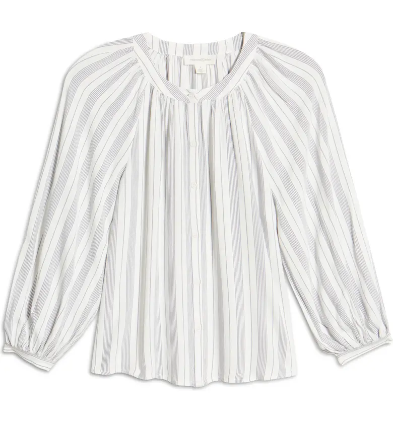  Treasure & Bond Shirred Neck Button-Up Top_IVORY- BLUE CONNER STRIPE
