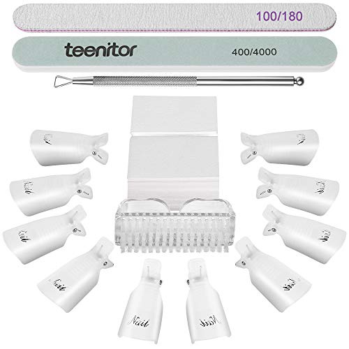  Teenitor gel nail remover kit with10pcs Gel Clip Remover, Brush for Nails, Nail Files 100/180, Buffer Block 400/4000, Stainless SteelCuticle Peeler and 115pcs Lint Free Cotton Pads