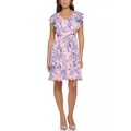 Womens Flutter Sleeve V-Neck Floral Chiffon Fit and Flare Dress