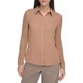Womens Pleated Long Sleeve Button Down Shirt