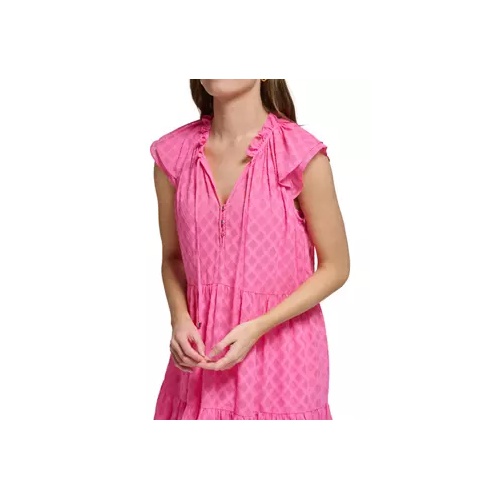 타미힐피거 Womens Short Sleeve Ruffle Neck Tiered Chiffon A-Line Dress