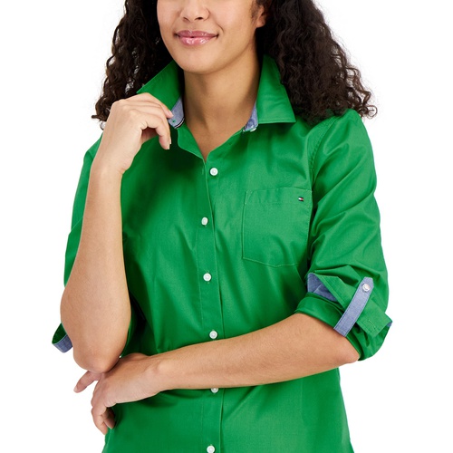 타미힐피거 Womens Cotton Roll-Tab Button-Up Shirt