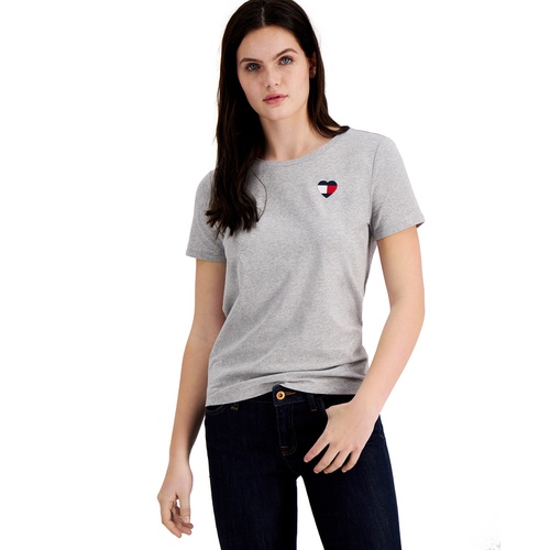 타미힐피거 Womens Embroidered Heart-Logo T-Shirt