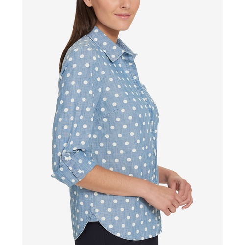 타미힐피거 Womens Cotton Printed Roll-Tab Utility Shirt