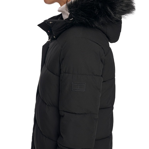 타미힐피거 Womens Faux-Fur-Trim Hooded Puffer Coat