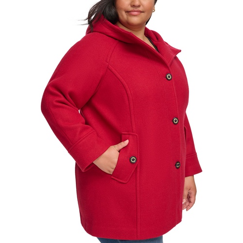 타미힐피거 Womens Plus Size Hooded Button-Front Coat