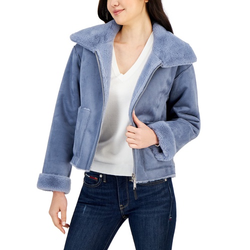 타미힐피거 Womens Faux-Fur Wide-Collar Cropped Jacket
