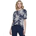 Womens Floral Cuffed Puff-Sleeve Blouse