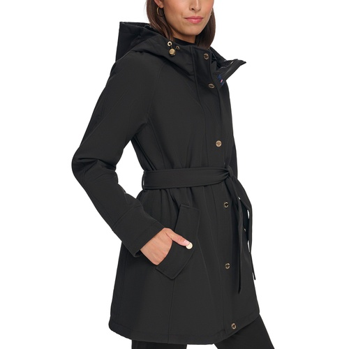 타미힐피거 Womens Petite Hooded Belted Softshell Raincoat