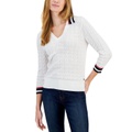 Womens Cotton Striped-Collar Cable-Knit Sweater