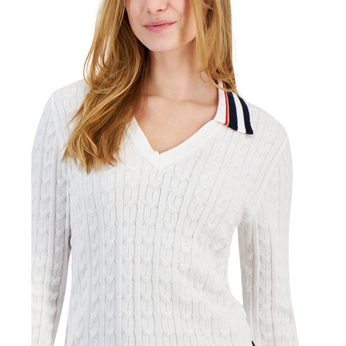 타미힐피거 Womens Cotton Striped-Collar Cable-Knit Sweater